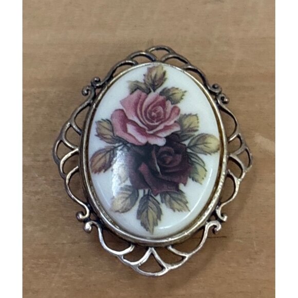 Vintage Sterling Silver Rose Brooch With Hand-Painted Porcelain Floral Cameo Des - Picture 10 of 10